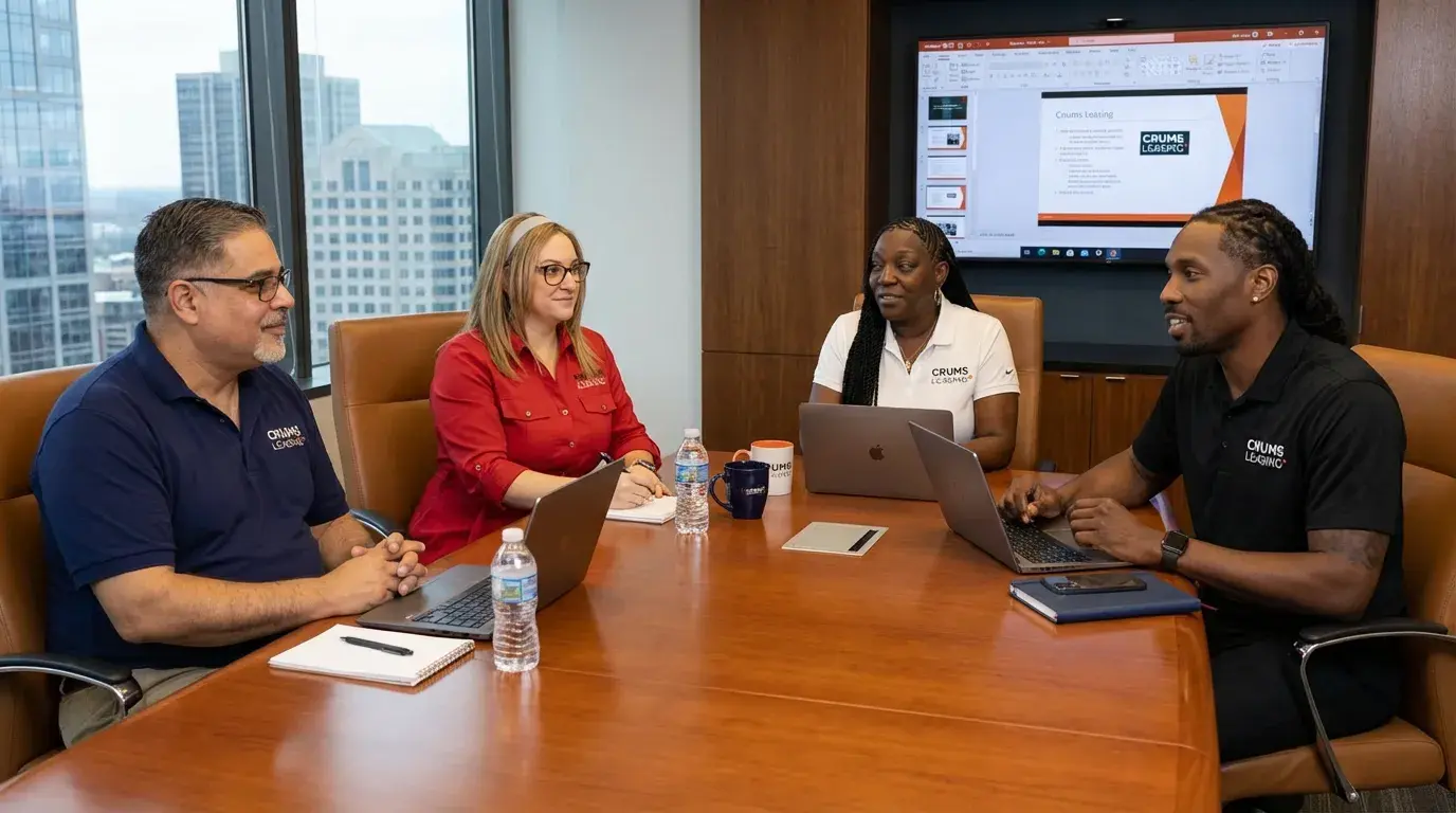 CRUMS Leasing team meeting in the office